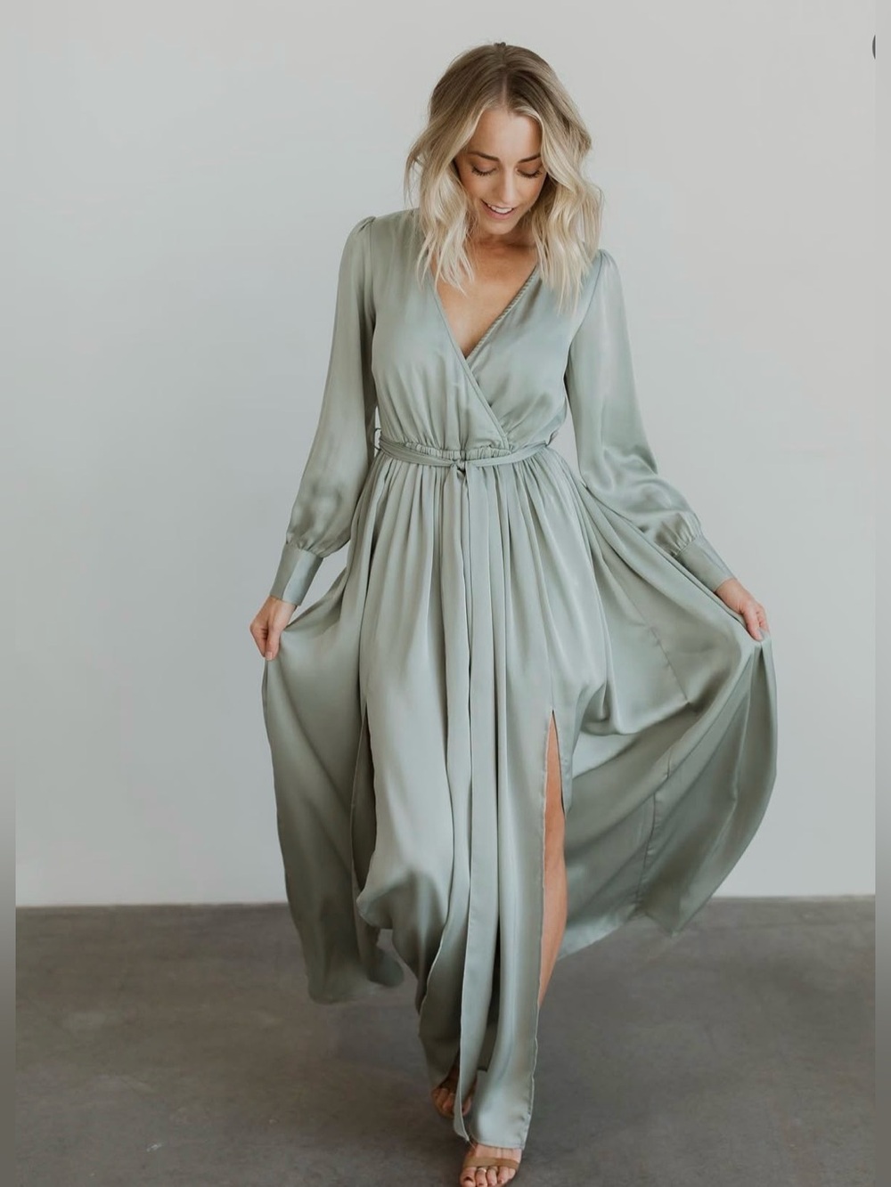 Baltic Born Jenna Sage Satin Long Sleeve Maxi Dress M